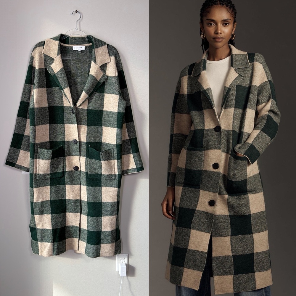 John + Jenn Sven Long Line Deep Green Plaid Sacramento Sweater Coat